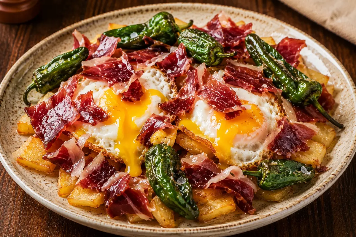 Huevos Rotos Con Jamón Ibérico Y Pimientos De Padrón