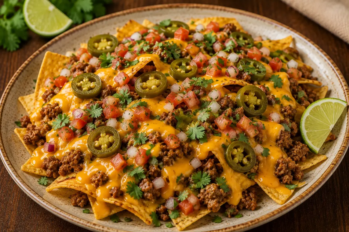 Nachos Con Carne Picada Y Salsa Cheddar